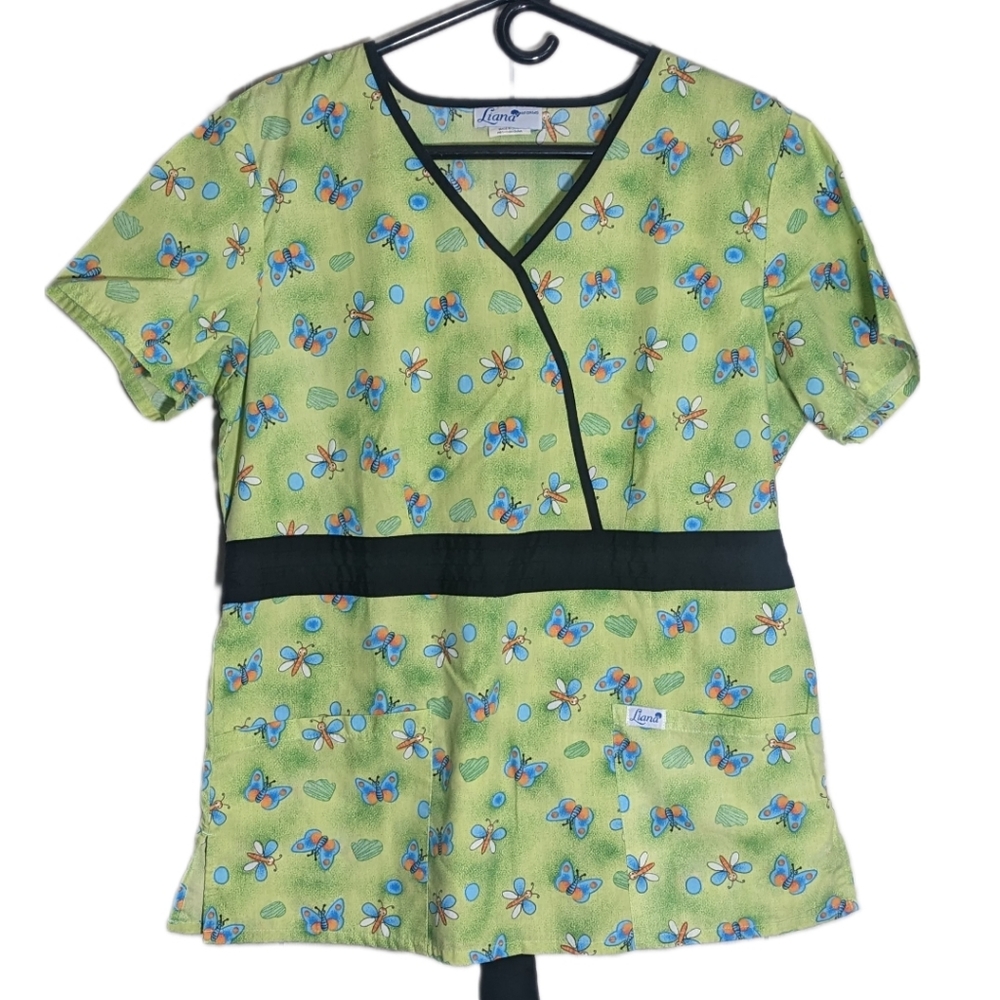 Liana Medium Tie Back Scrub Top Green with Butterfly Print Medical Uniform